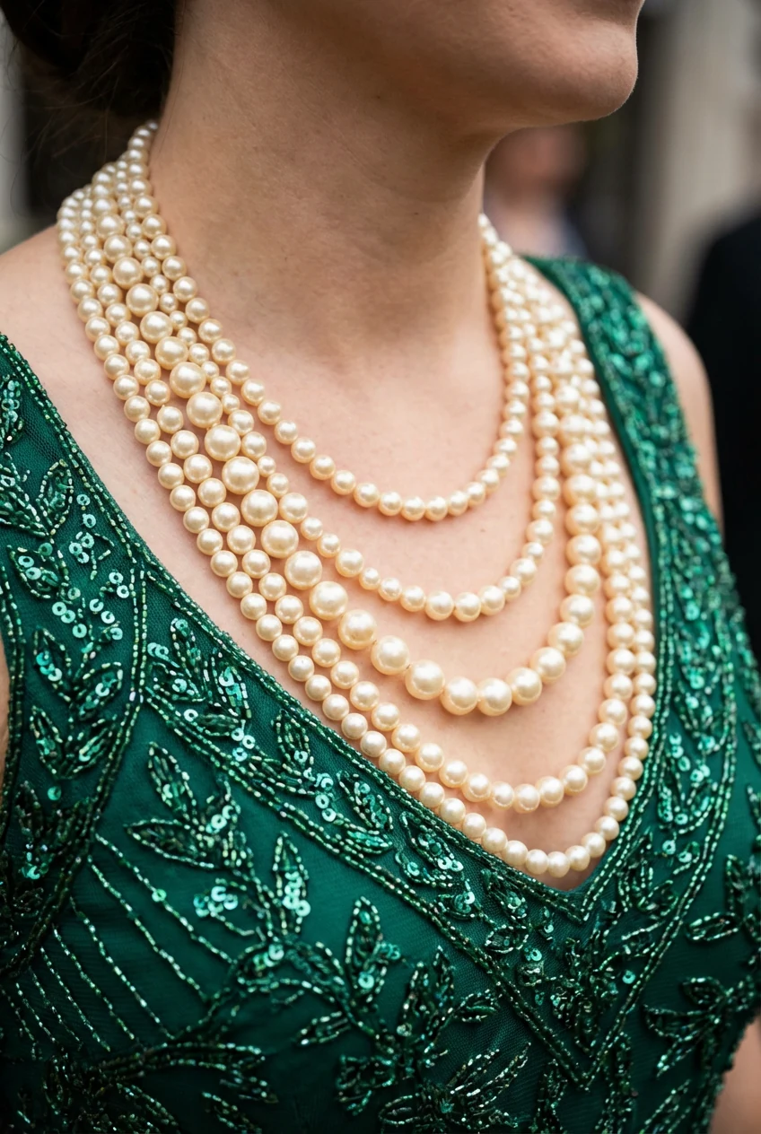 female closeup of layered pearl strands on emerald beaded dress