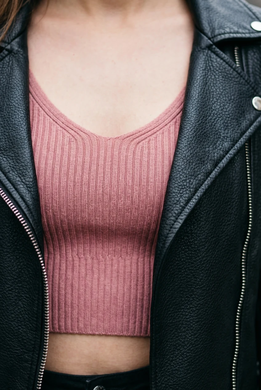 closeup female pink crop top, black leather moto zipper