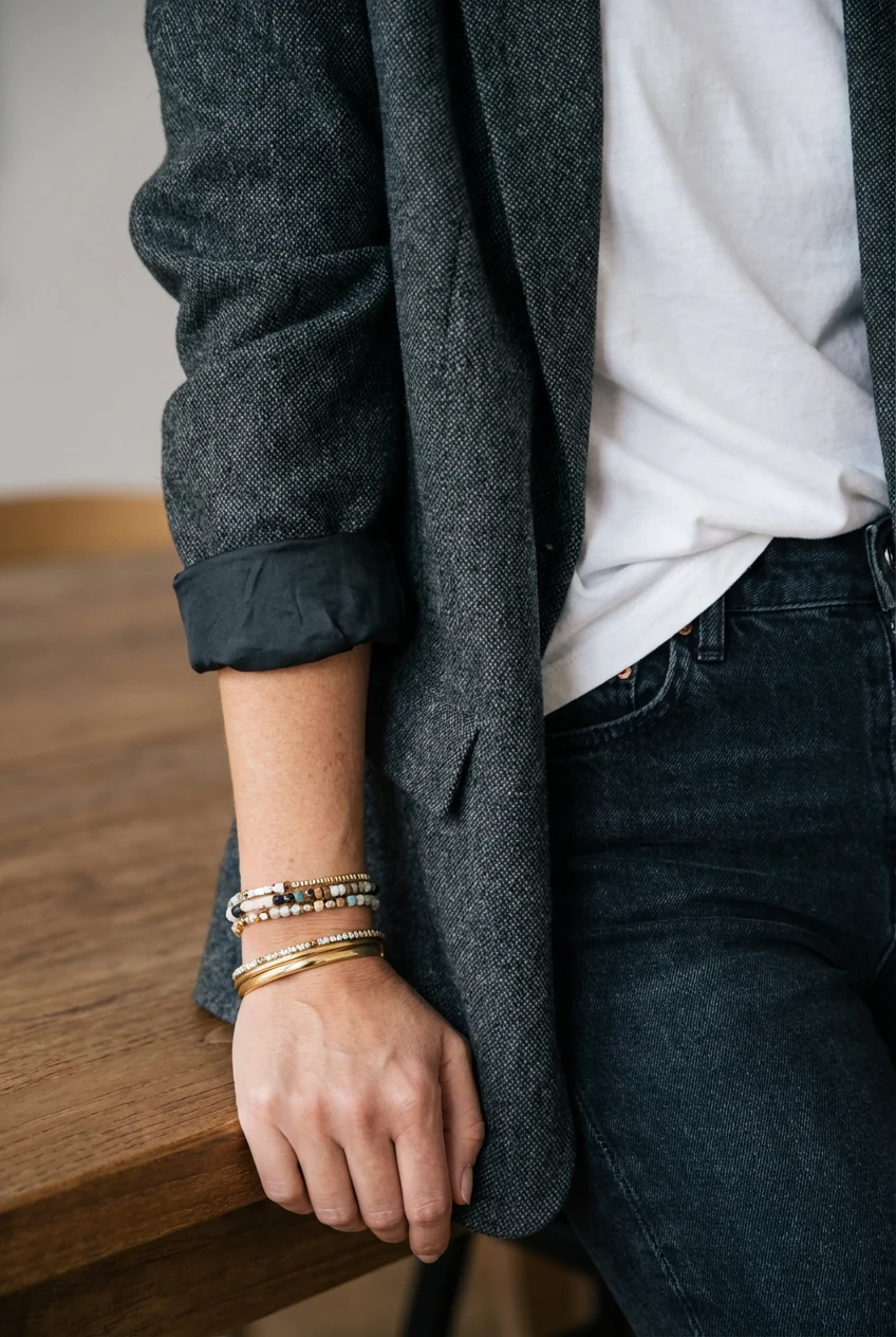 closeup female cuffed oversized blazer sleeve, bracelets, half-tucked tee