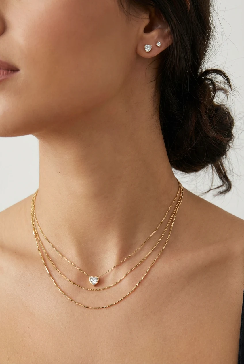 closeup female neck layered gold chains, tiny pendant, CZ studs