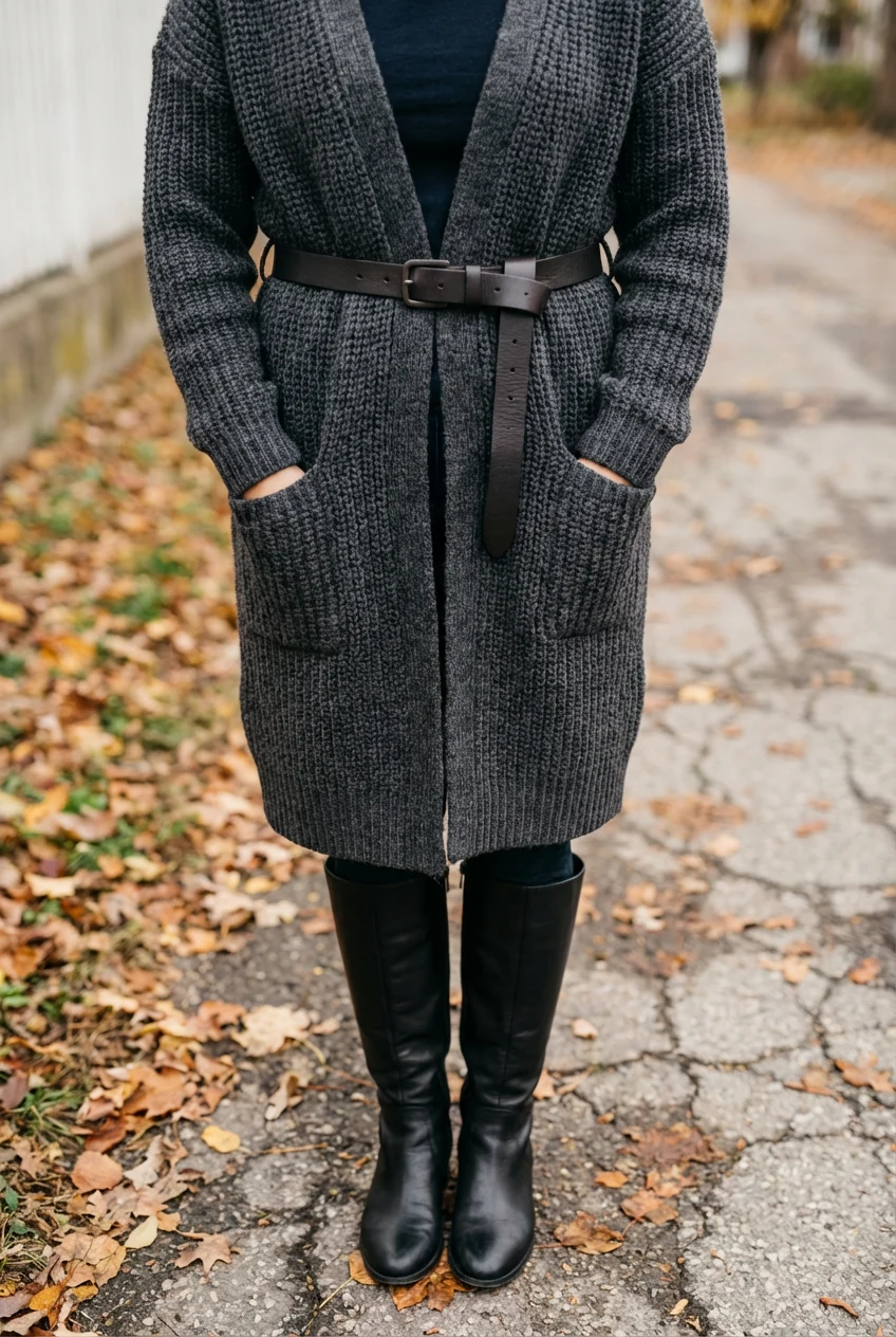 closeup female belted cardigan, charcoal wool maxi, black knee boots