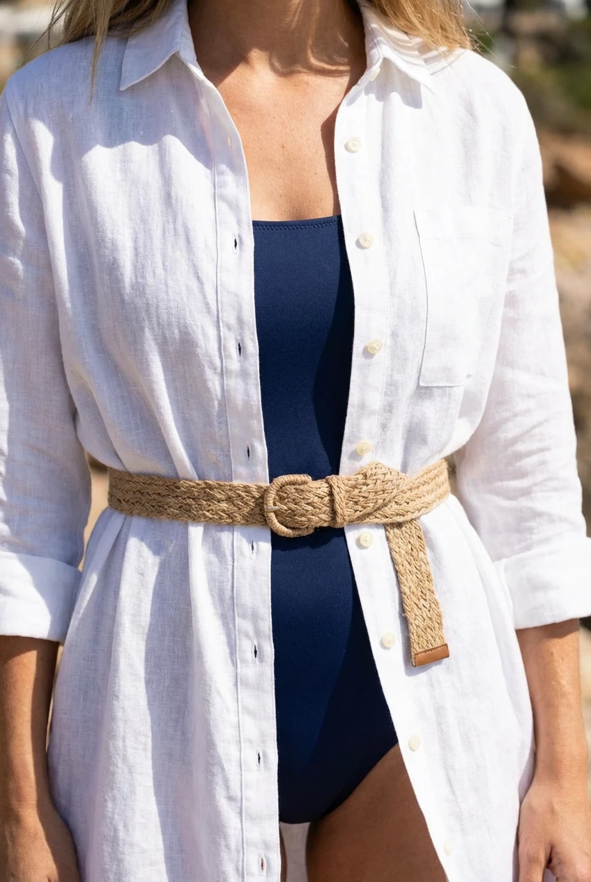 female torso closeup, white linen shirtdress, navy one-piece, woven belt