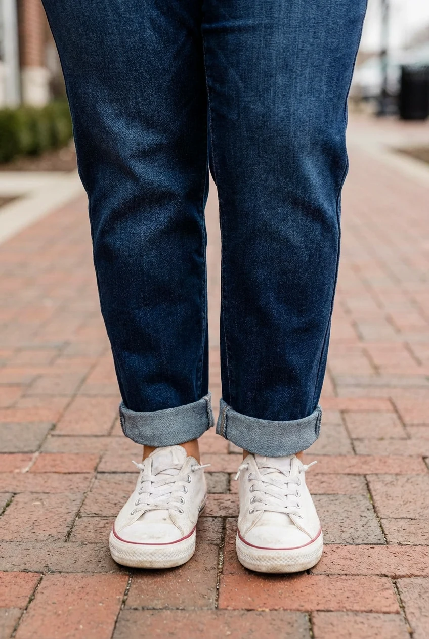 closeup plus-size female cuffed straight-leg jeans, white sneakers
