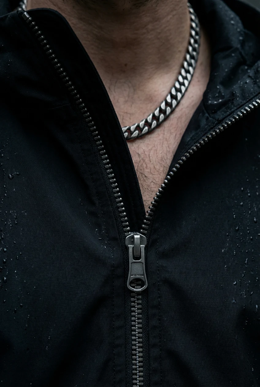 closeup of male black techwear hoodie zipper, silver chain