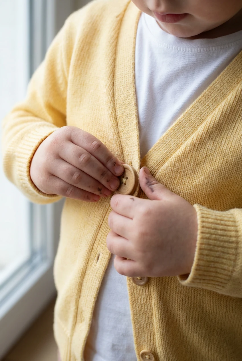 childs hands buttoning butter-yellow cardigan over white tee