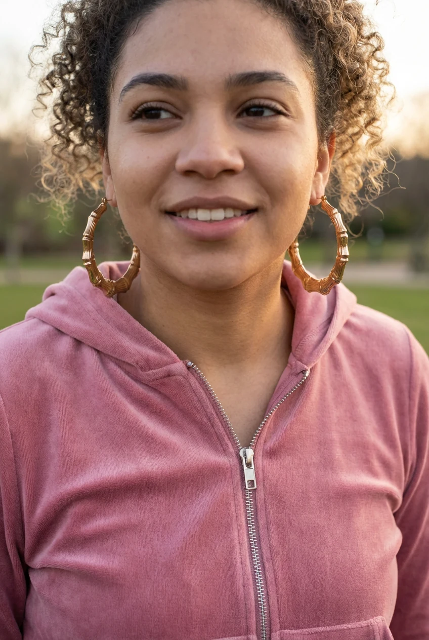 closeup female wearing oversized bamboo hoops, pink velour tracksuit