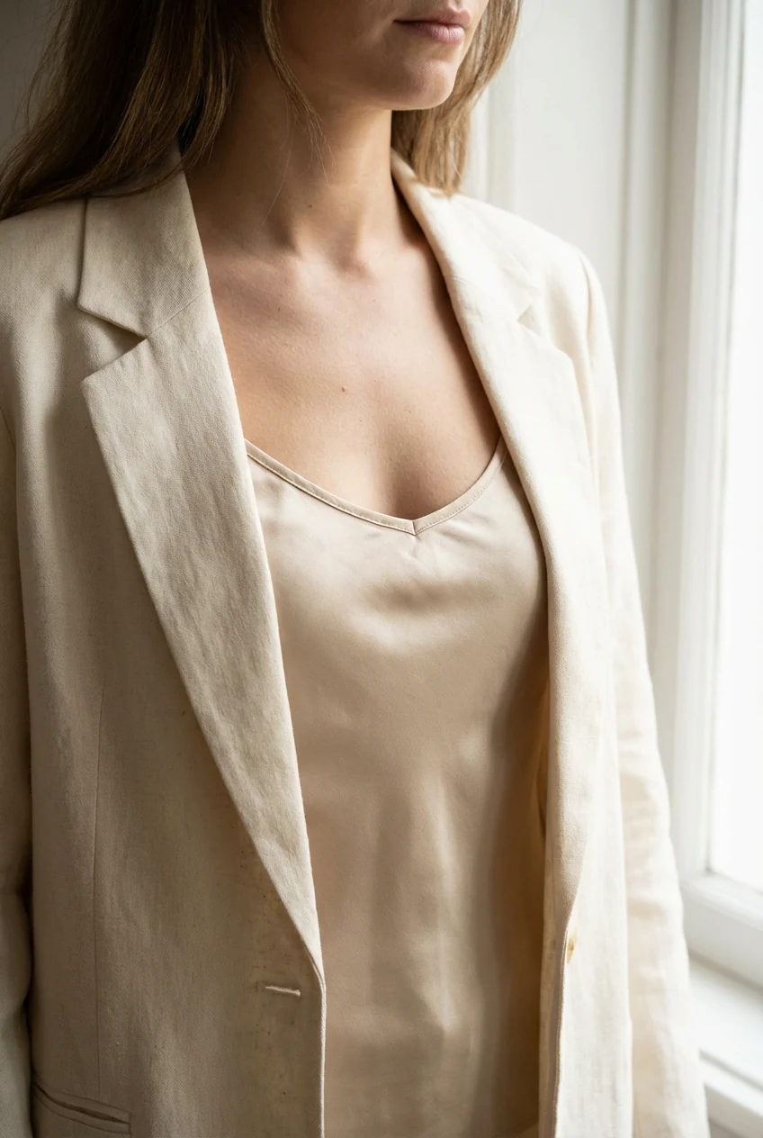 closeup female torso, champagne silk cami, cream linen blazer