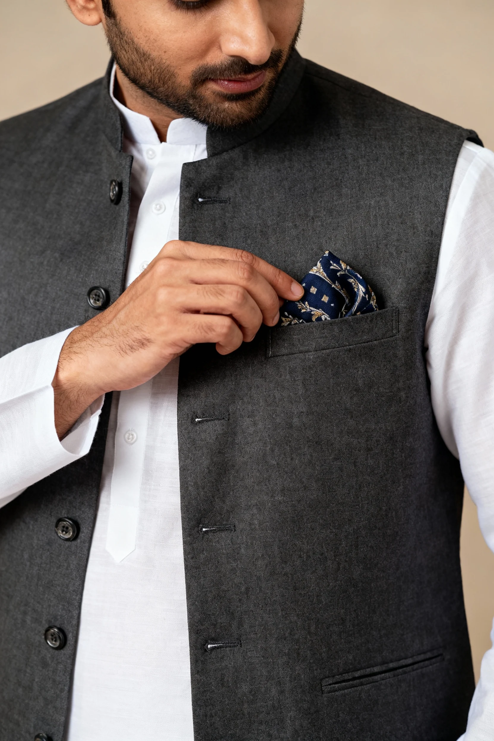 male adjusting pocket square on charcoal waistcoat, white kurta