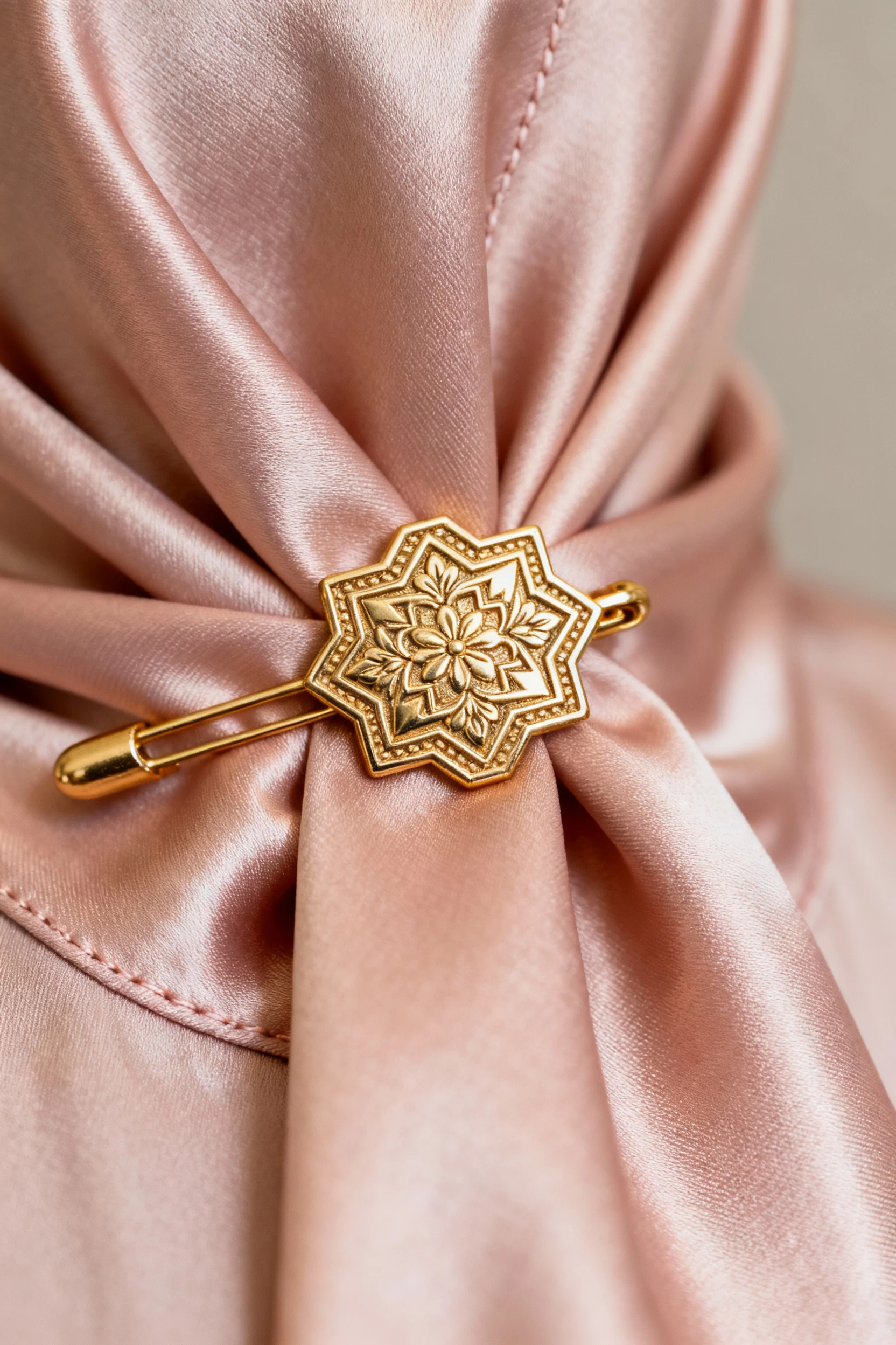 female closeup gold-stitched hijab pin on blush satin abaya