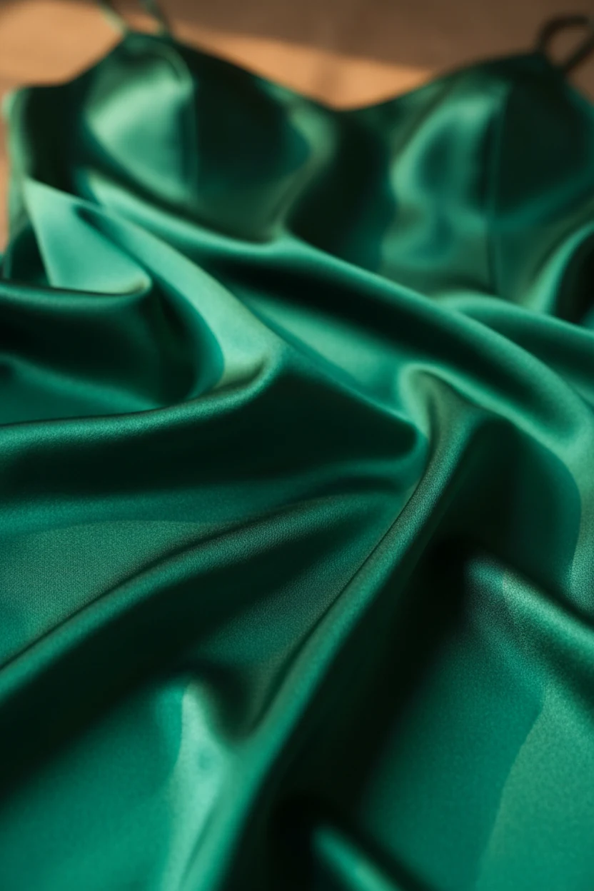 closeup of emerald green satin slip dress fabric catching light