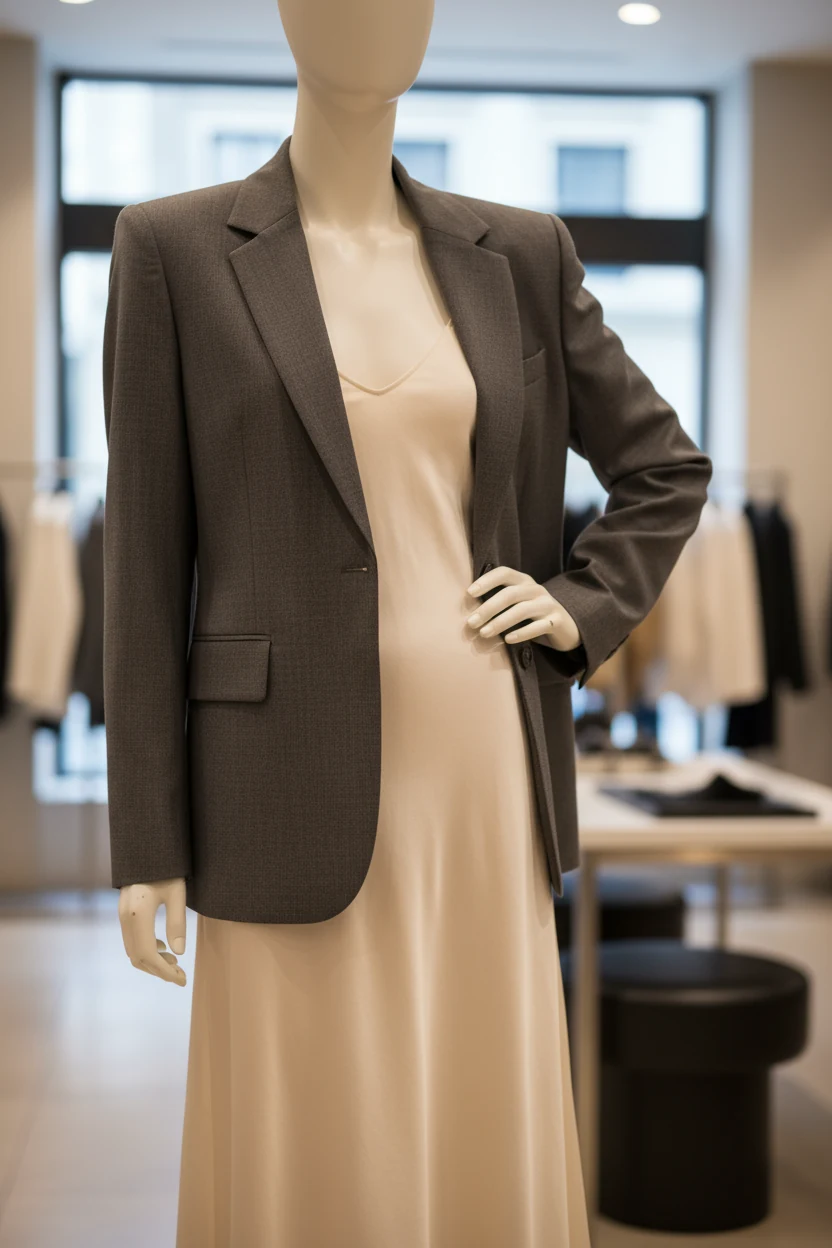 closeup of silk slip midi dress with tailored blazer on mannequin