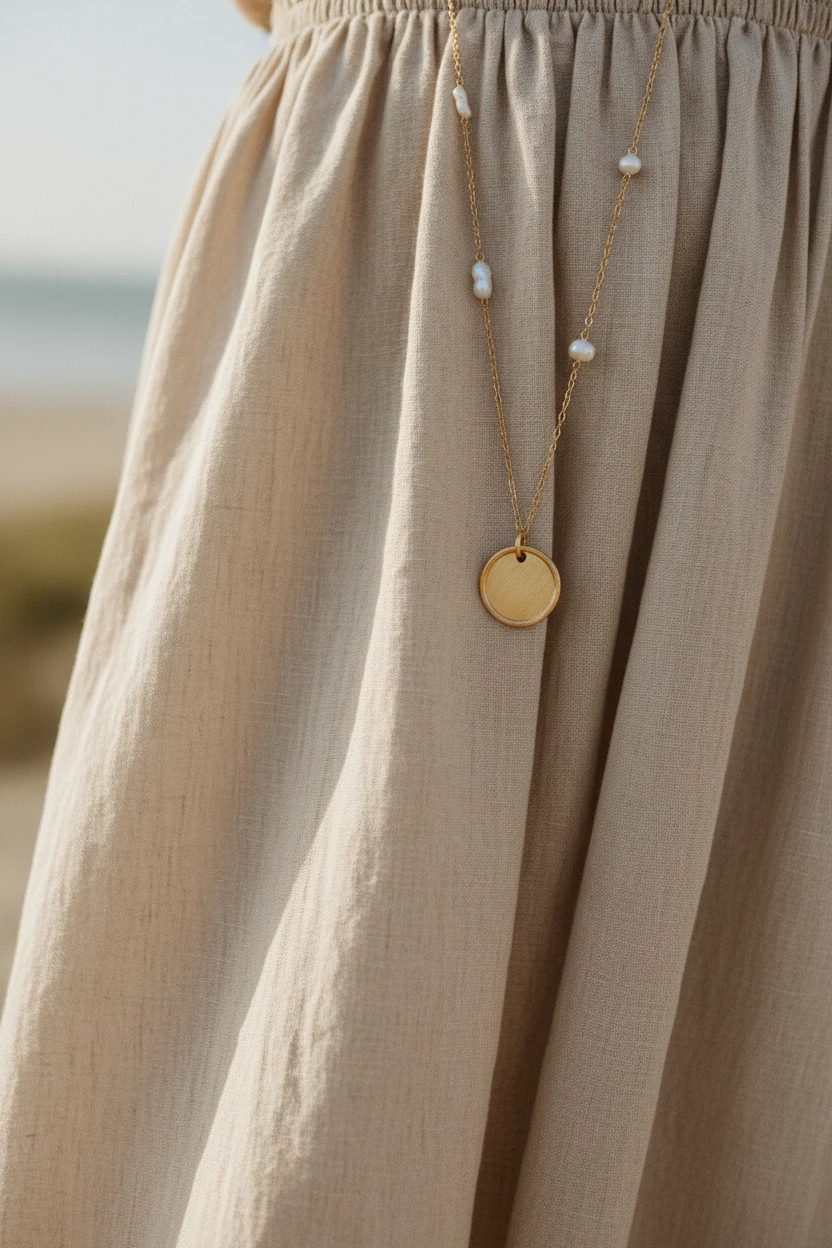 closeup of beige linen maxi dress fabric with gold necklace