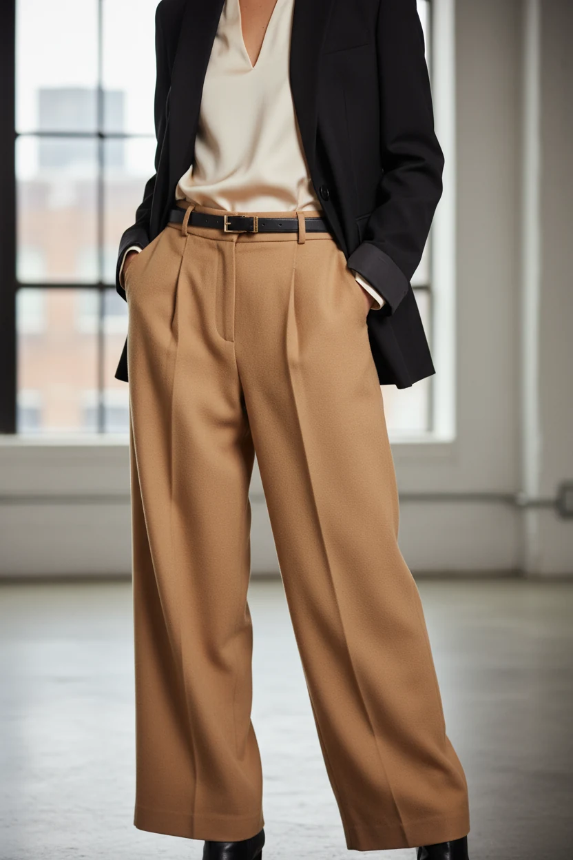 closeup of camel wide-leg trousers with tailored black blazer