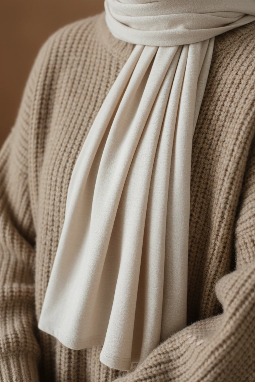 closeup of beige oversized knit sweater fabric with loose hijab drape
