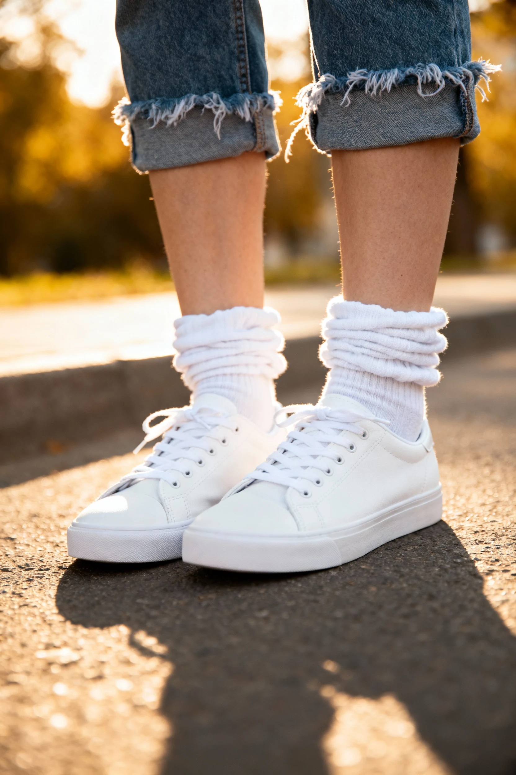 1. closeup female white low-tops, scrunched socks, denim cutoffs