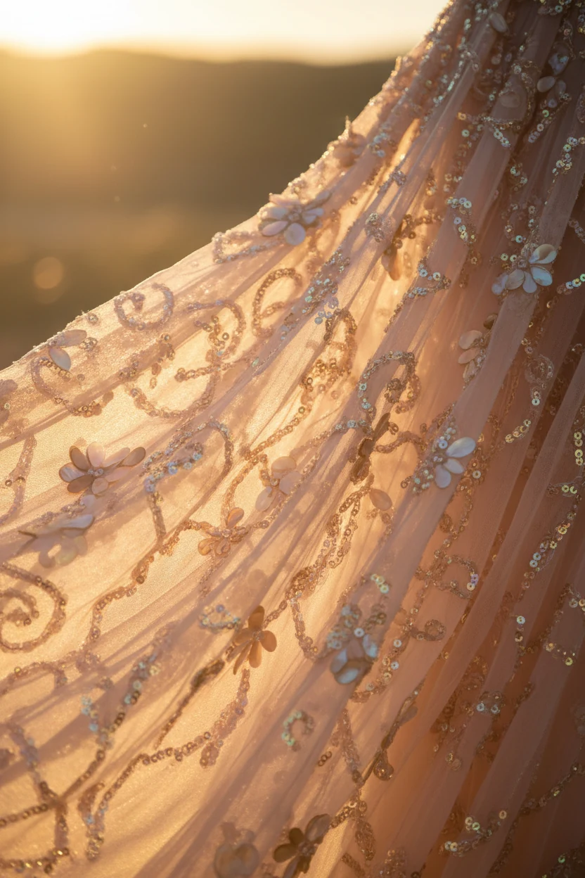 closeup of flowy embellished maxi dress fabric shimmering under warm light