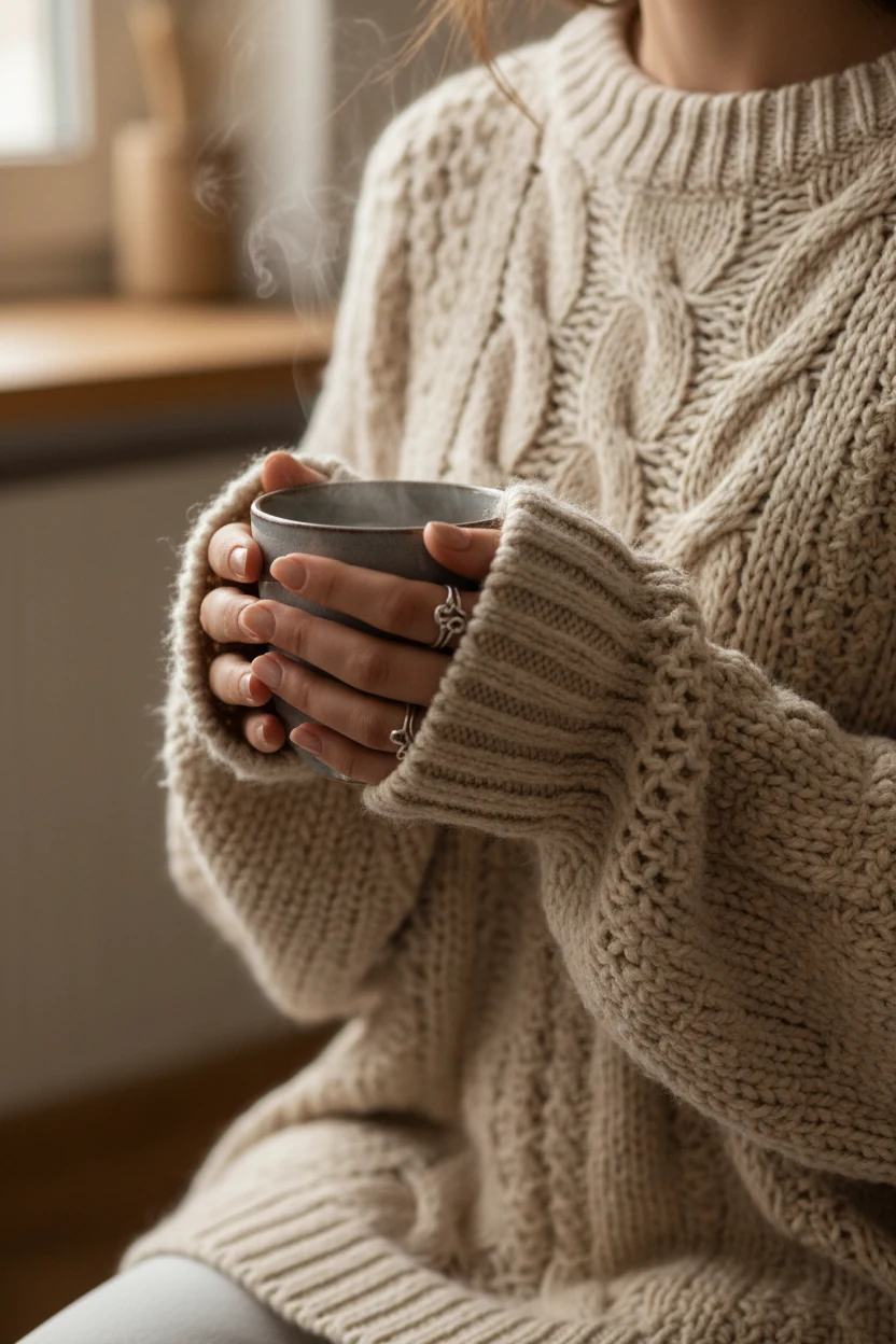 closeup of oversized beige knit sweater texture with female hands holding coffee cup