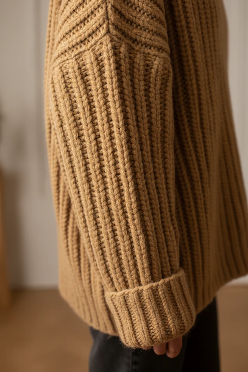 closeup of tan oversized knit sweater sleeve with ribbed texture