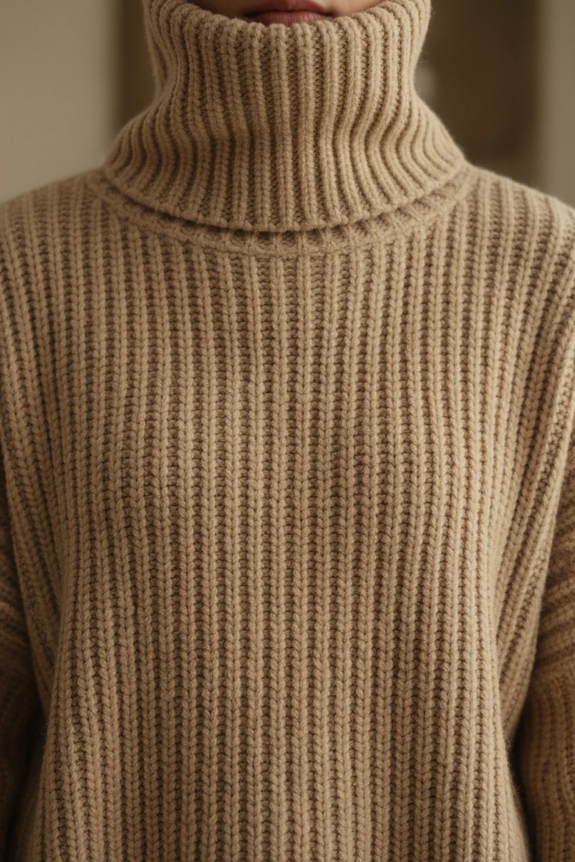 closeup of oversized beige turtleneck sweater with ribbed texture
