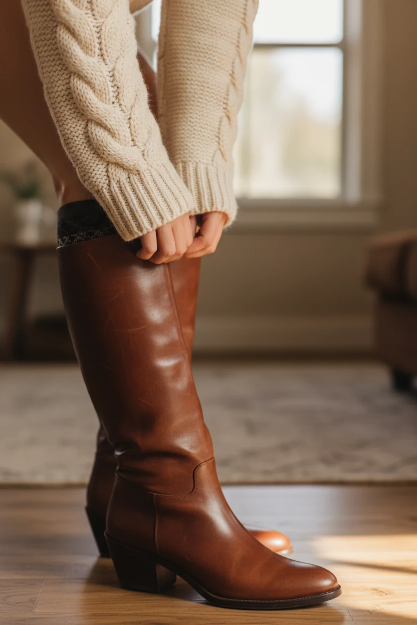 closeup of womans hands adjusting chunky knit sweater sleeve over knee-high brown leather boots