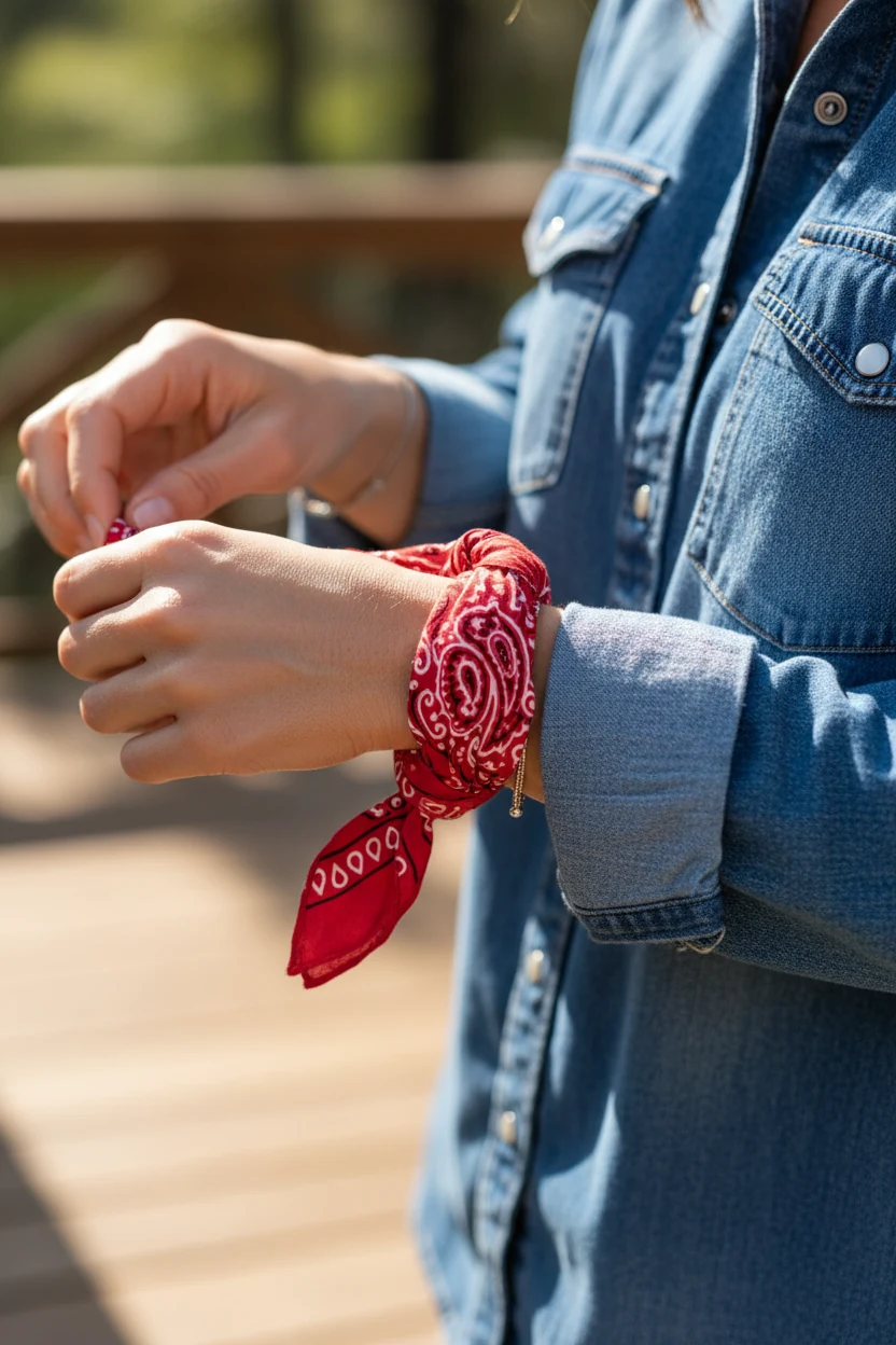 closeup of woman tying red bandana over rolled-up denim shirt sleeves