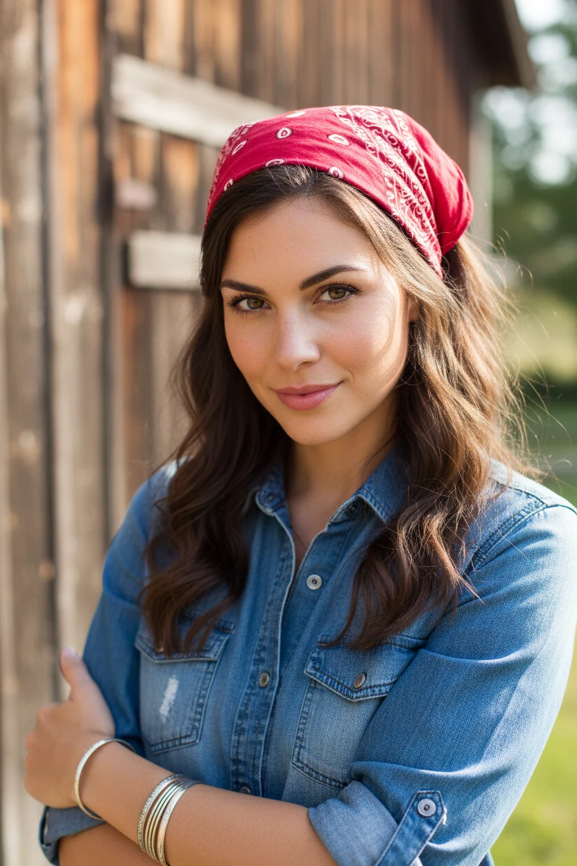 closeup of female wearing denim shirt with rolled sleeves and red bandana head wrap