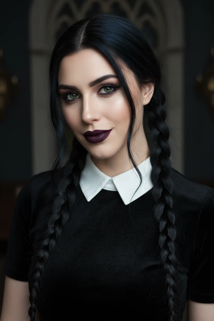 closeup of female face with dark lipstick and braided pigtails wearing black dress with white collar