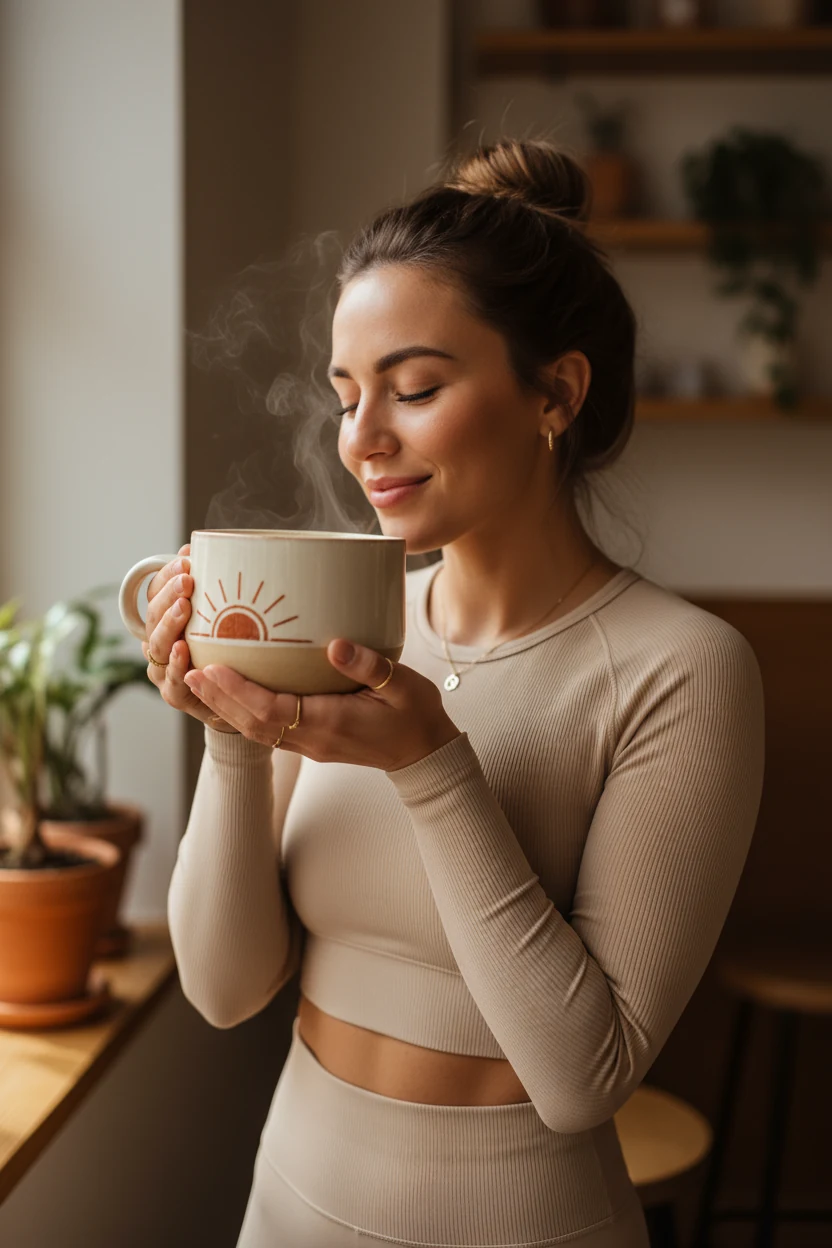 closeup of woman in beige athleisure holding oversized coffee cup