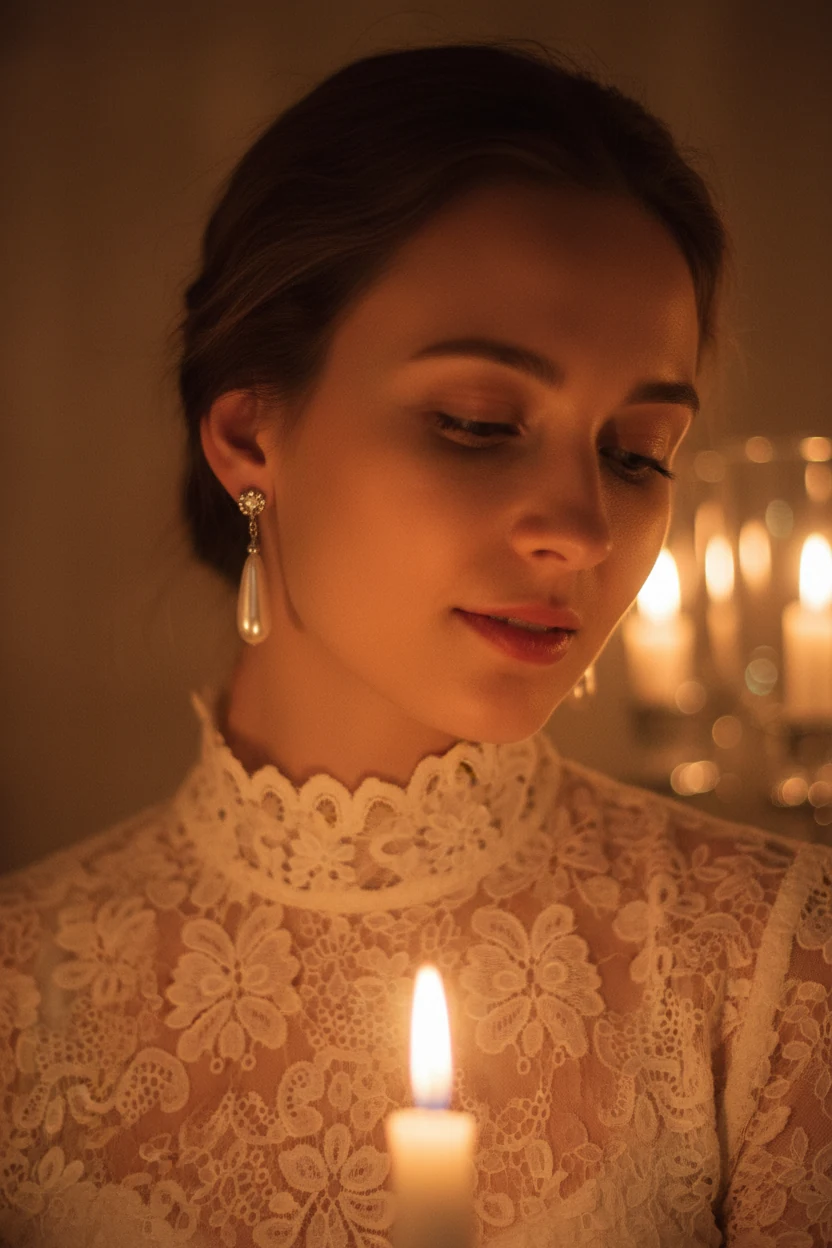 closeup of pale female face wearing pearl drop earrings and high-neck lace blouse lit by candlelight