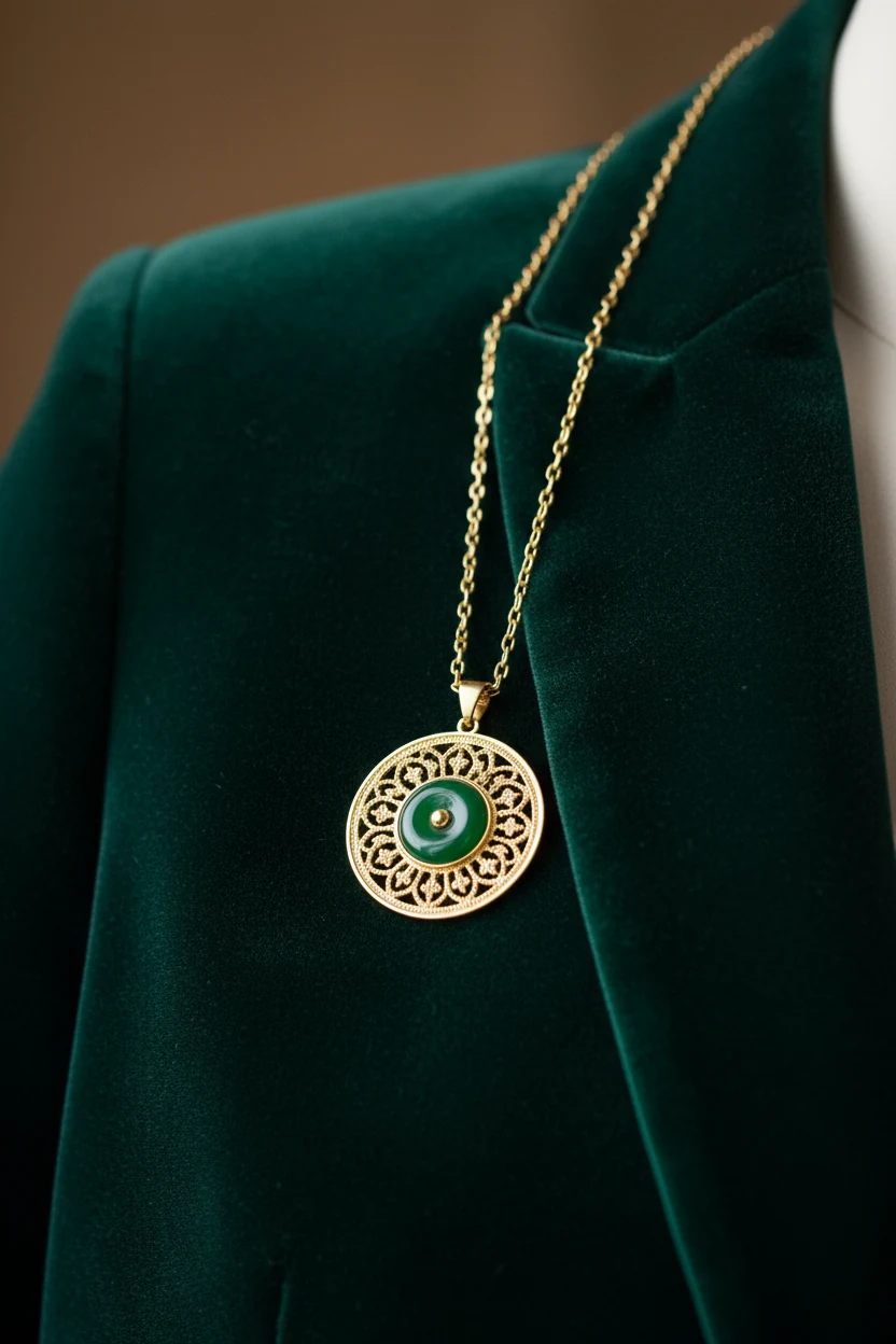 closeup of deep emerald velvet blazer sleeve with gold pendant necklace