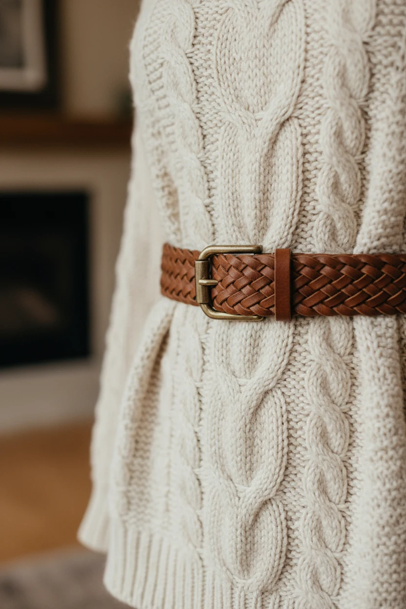 closeup of chunky cream knit sweater fabric with belt at waist