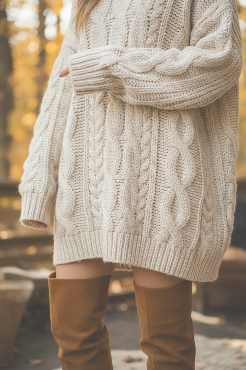 closeup of oversized cream knit sweater with suede knee-high boots