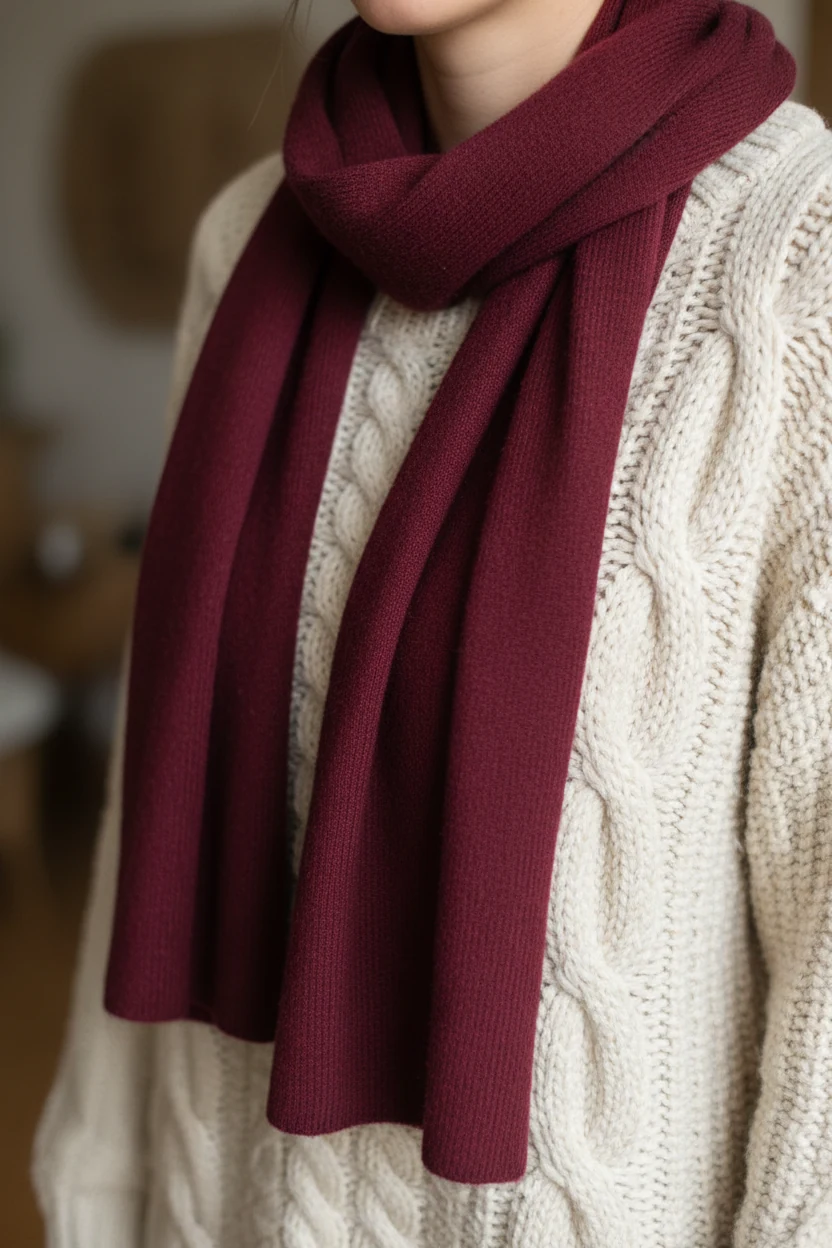 closeup of chunky cream knit sweater with burgundy scarf