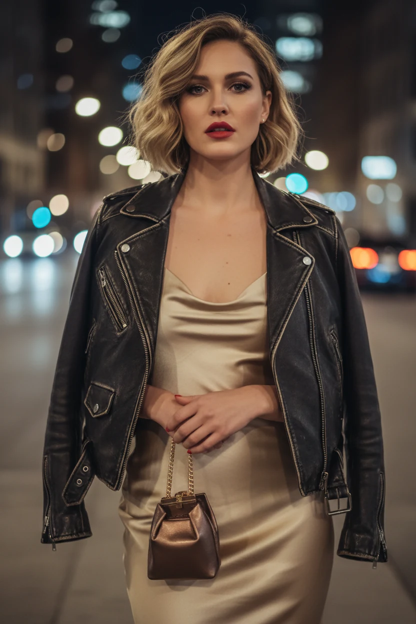 closeup female in champagne slip dress, leather jacket, tiny bag