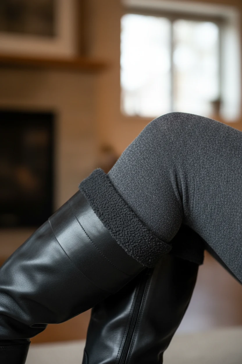 closeup black knee-high leather boots over fleece-lined tights