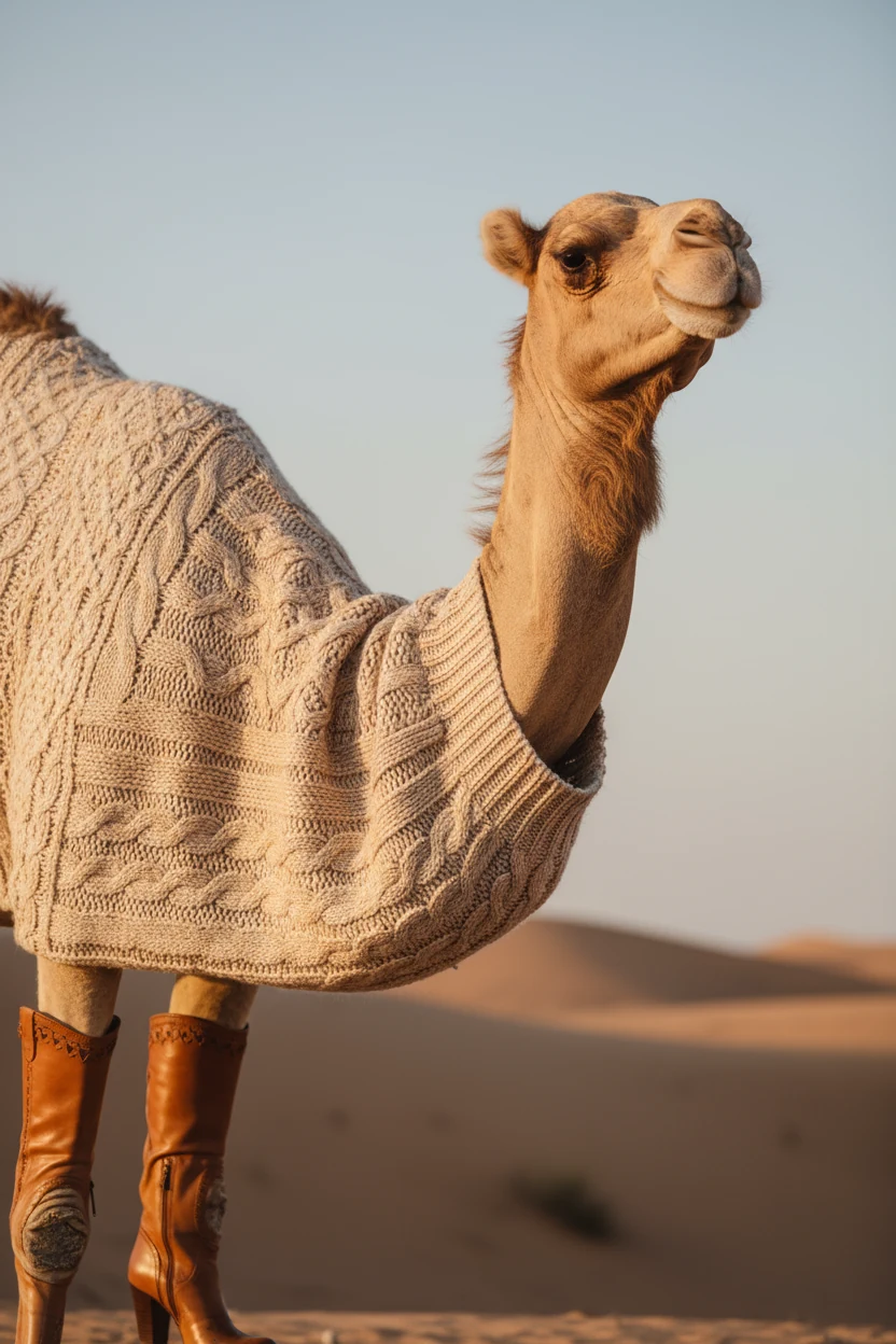 closeup female camel oversized knit with caramel knee-high boots