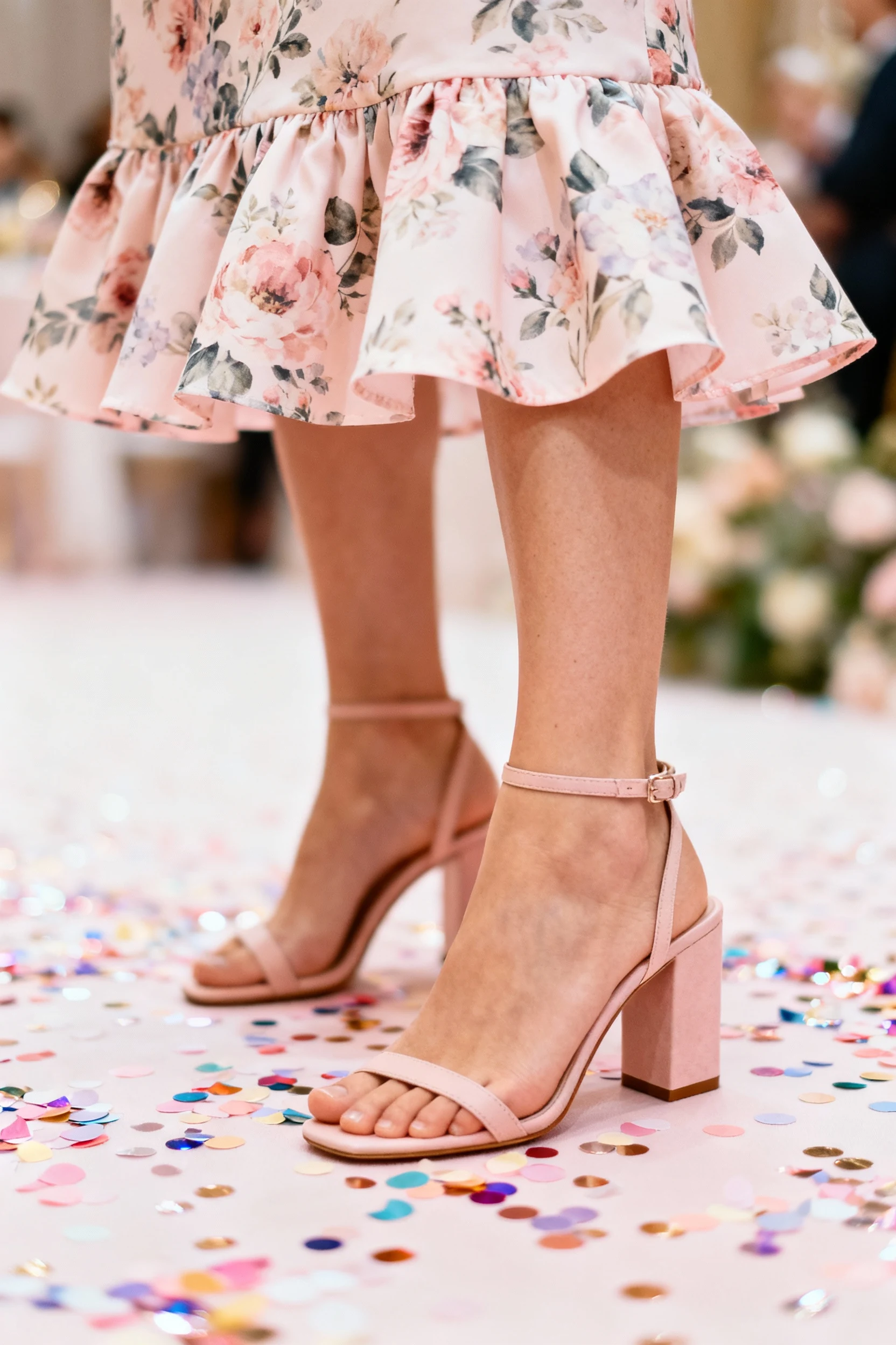1. female ankles, floral fit-and-flare hem, block-heel sandals on confetti