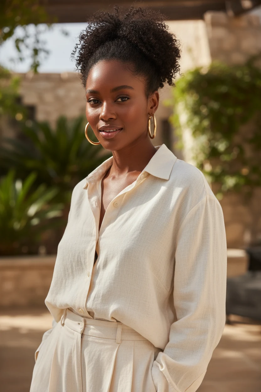closeup Black woman, cream linen co-ord, gold hoop earrings