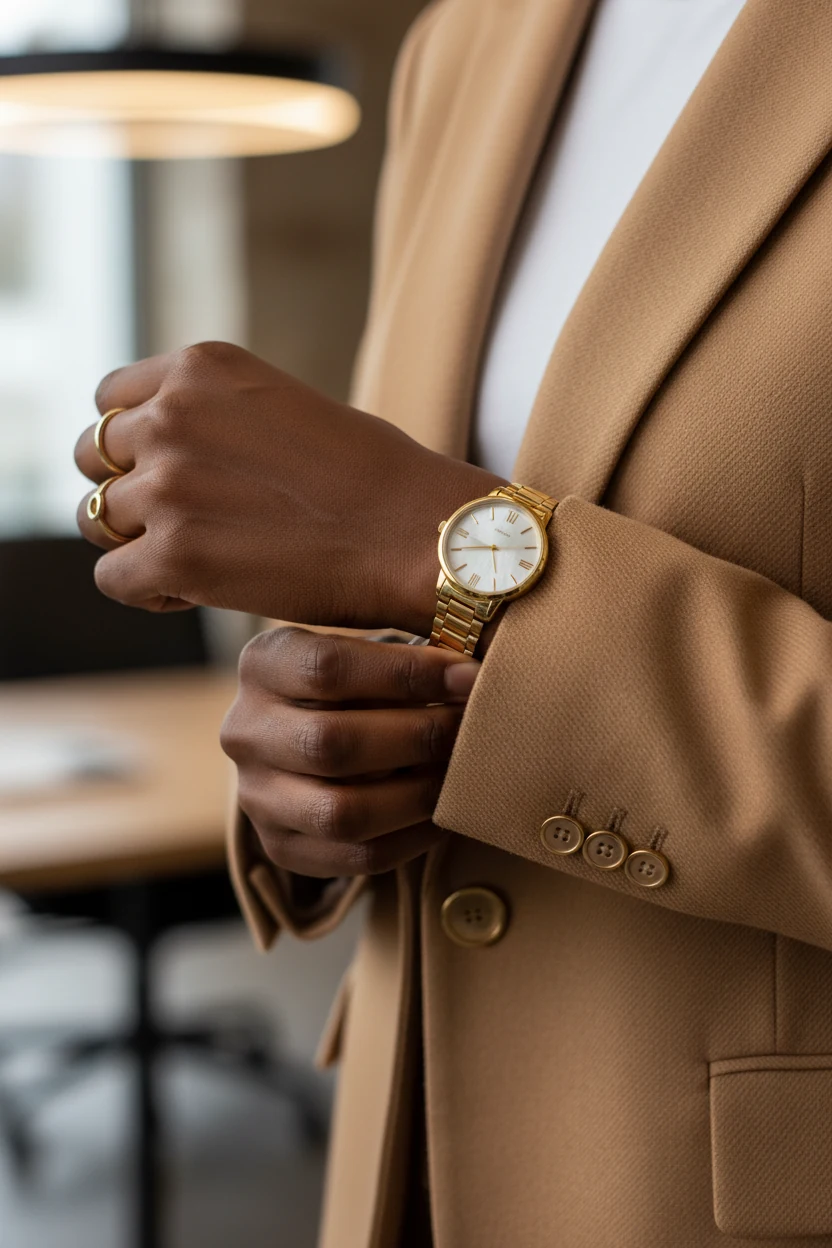 closeup of Black woman adjusting camel blazer cuff, gold watch