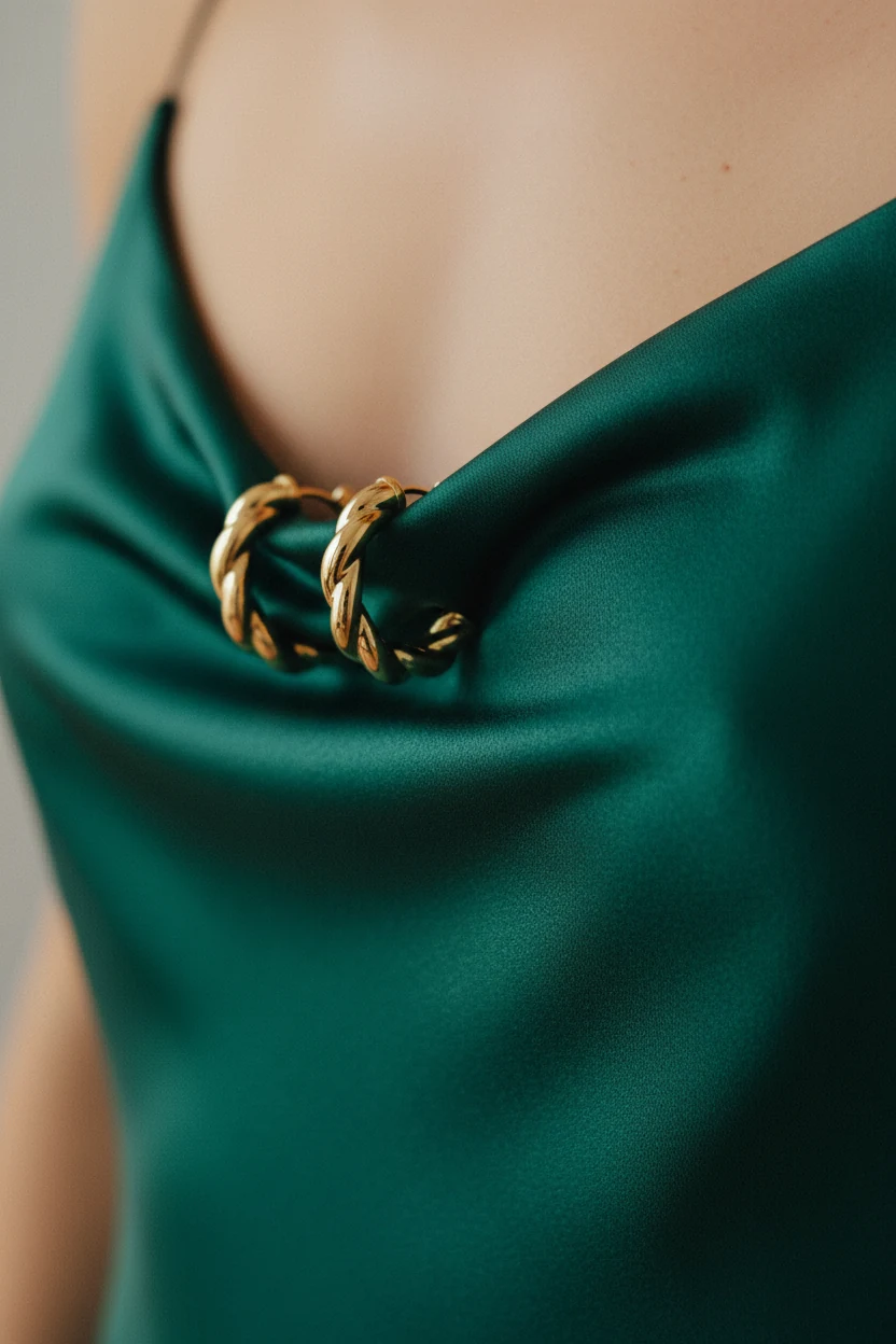 closeup gold hoops against silky emerald slip dress