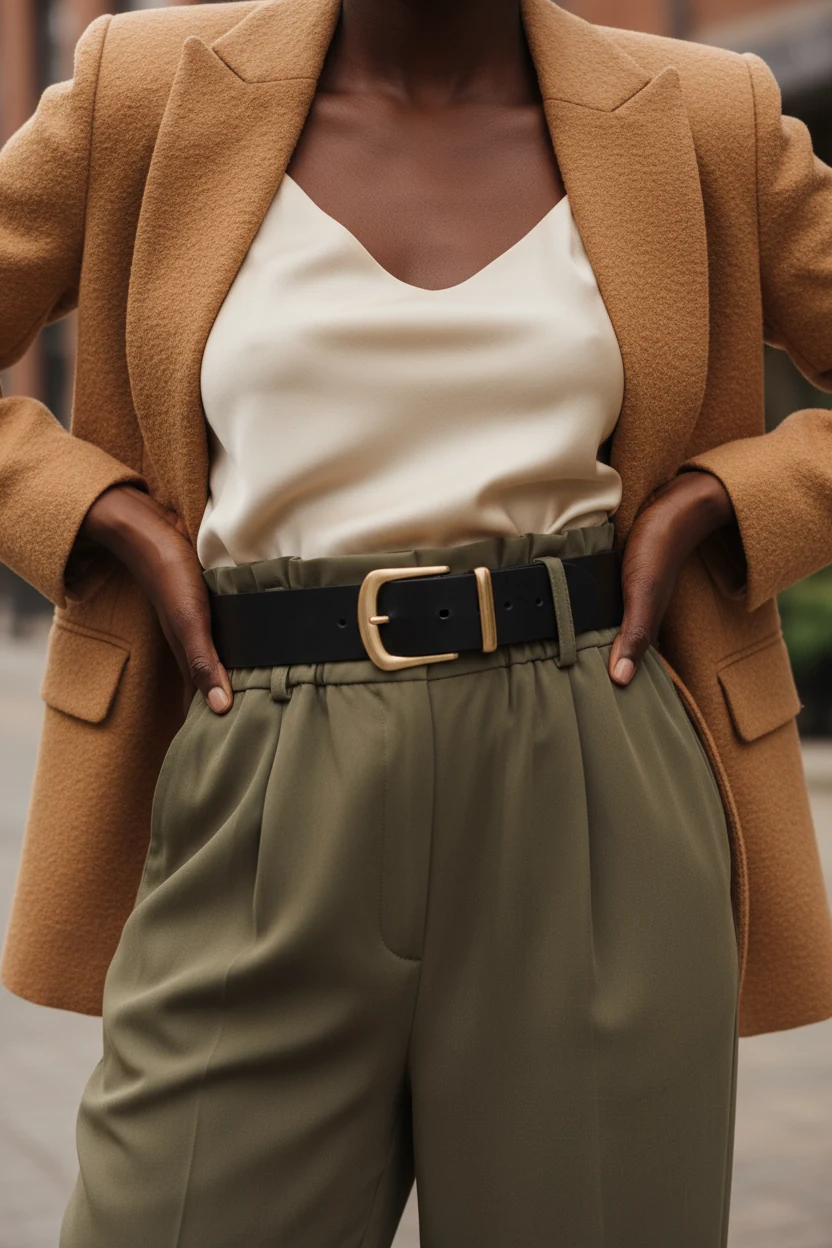 closeup Black female waist, belt over camel blazer, olive trousers