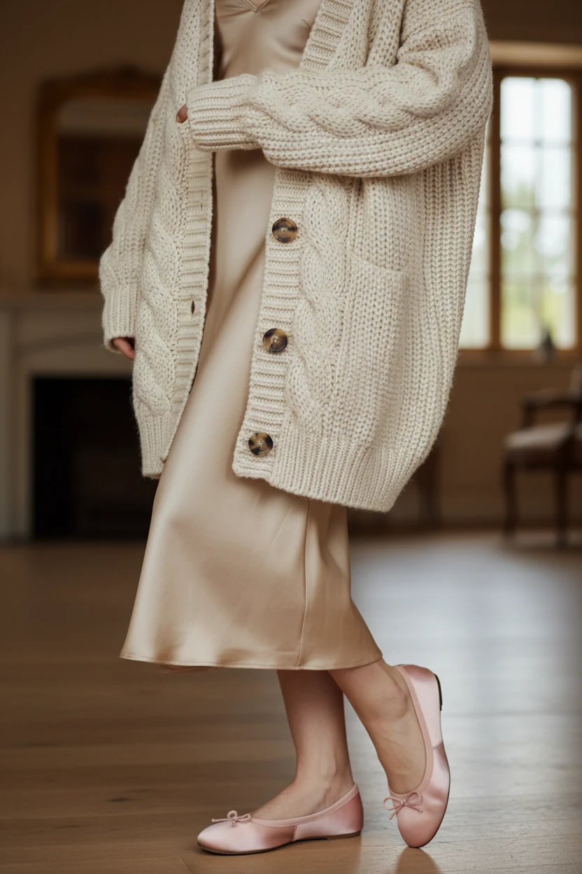 closeup of chunky cream cardigan over satin slip, ballet flats