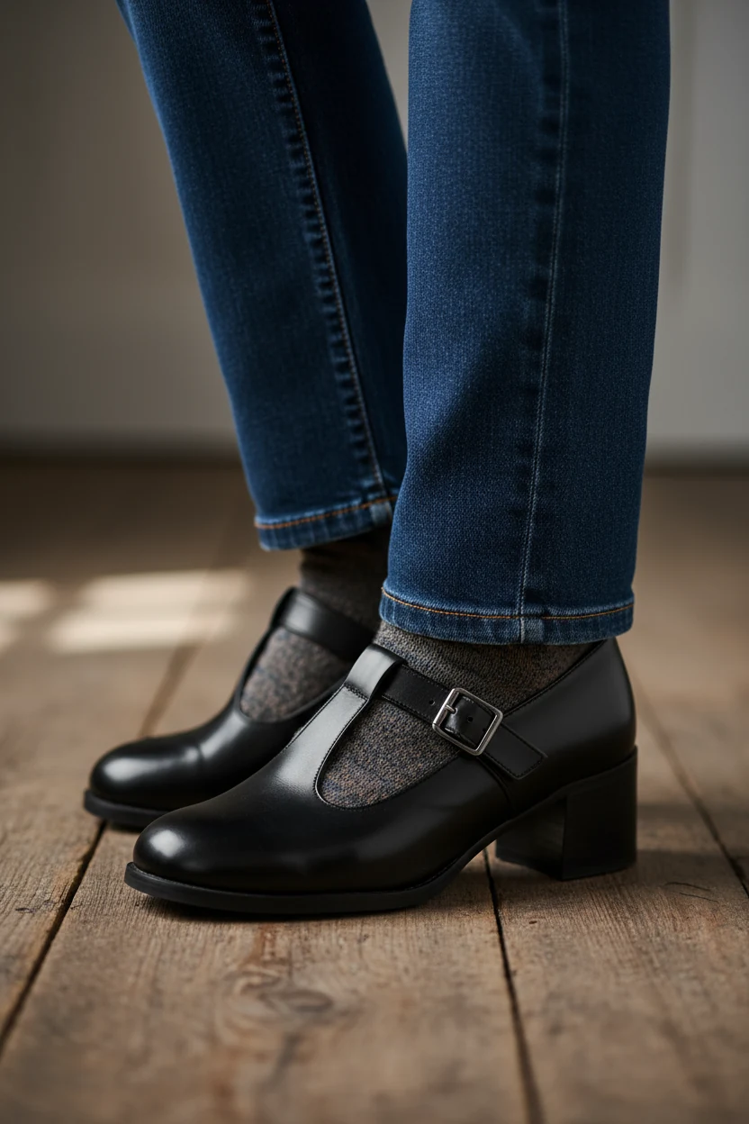 closeup female wearing black Mary Janes, straight-leg jeans hem