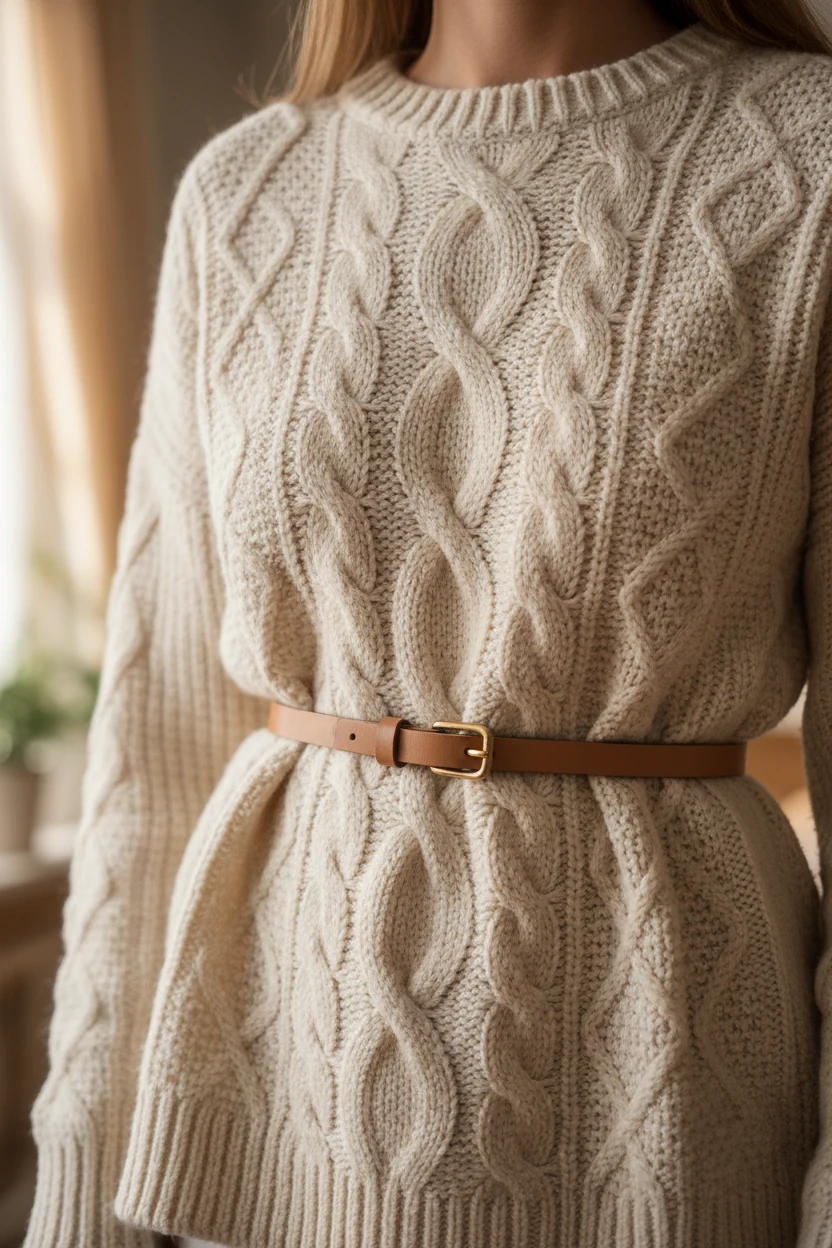 closeup of female torso in cream cable-knit sweater, thin belt