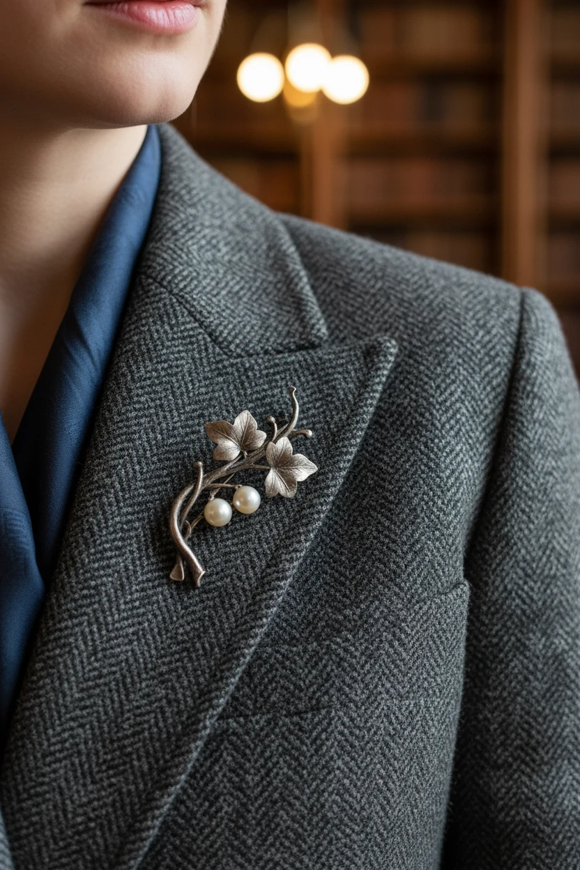 female closeup charcoal tweed blazer lapel, vintage brooch
