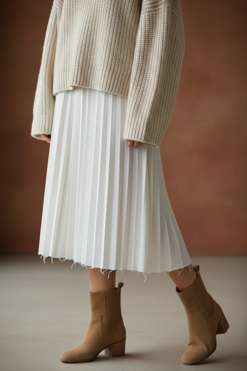 closeup female beige chunky knit, white midi hem, suede boots