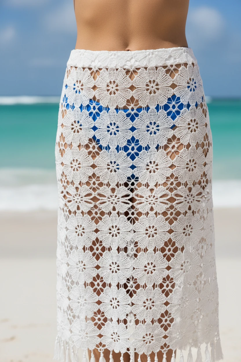 closeup female hips in crochet white midi skirt, cobalt bikini