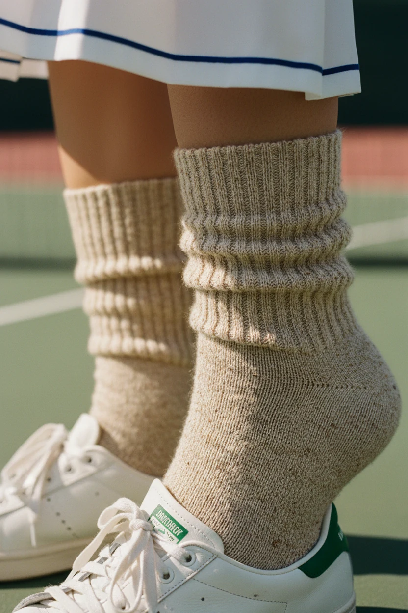 closeup scrunched oatmeal crew socks, white sneakers, tennis skirt hem