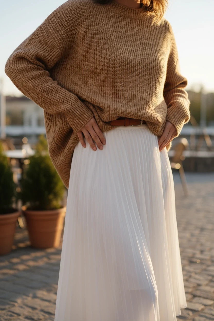 Closeup camel ribbed oversized sweater half-tucked into white midi skirt