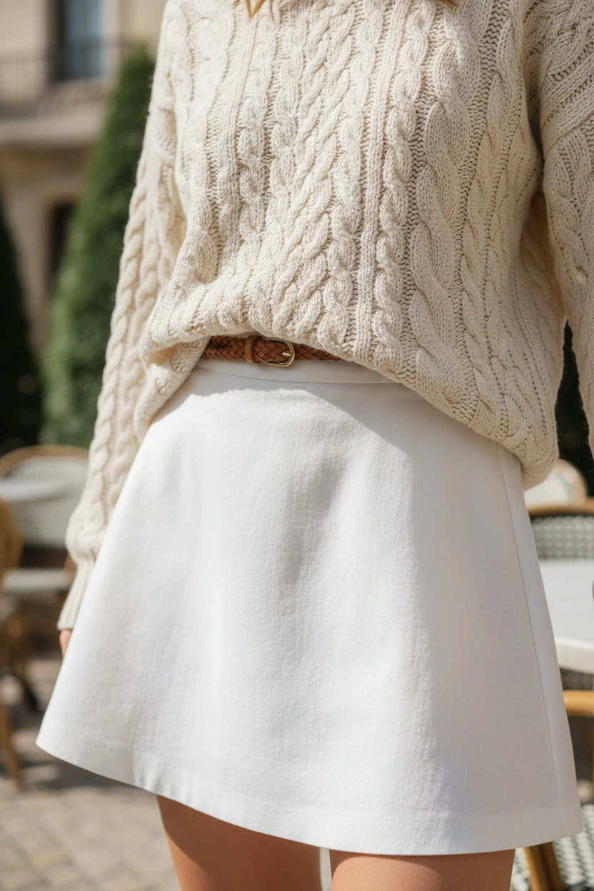 closeup female waist, chunky sweater front-tuck, white mini